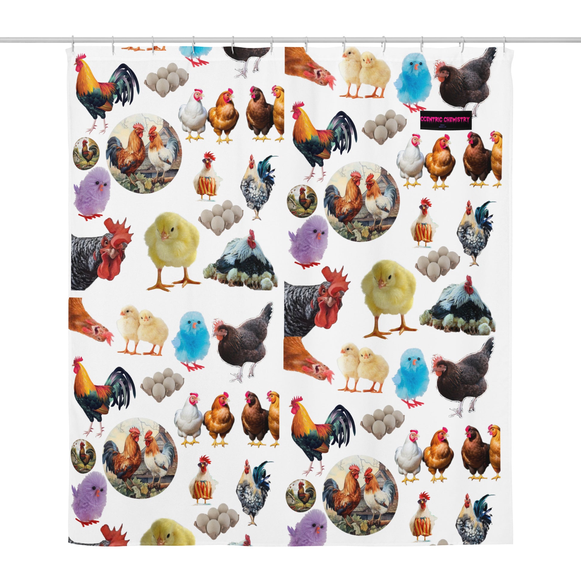 See-through shower curtain featuring a chicken sanctuary design, sublimation print from Eccentric Chemistry's Laboratory of Strange & Stylish Things.