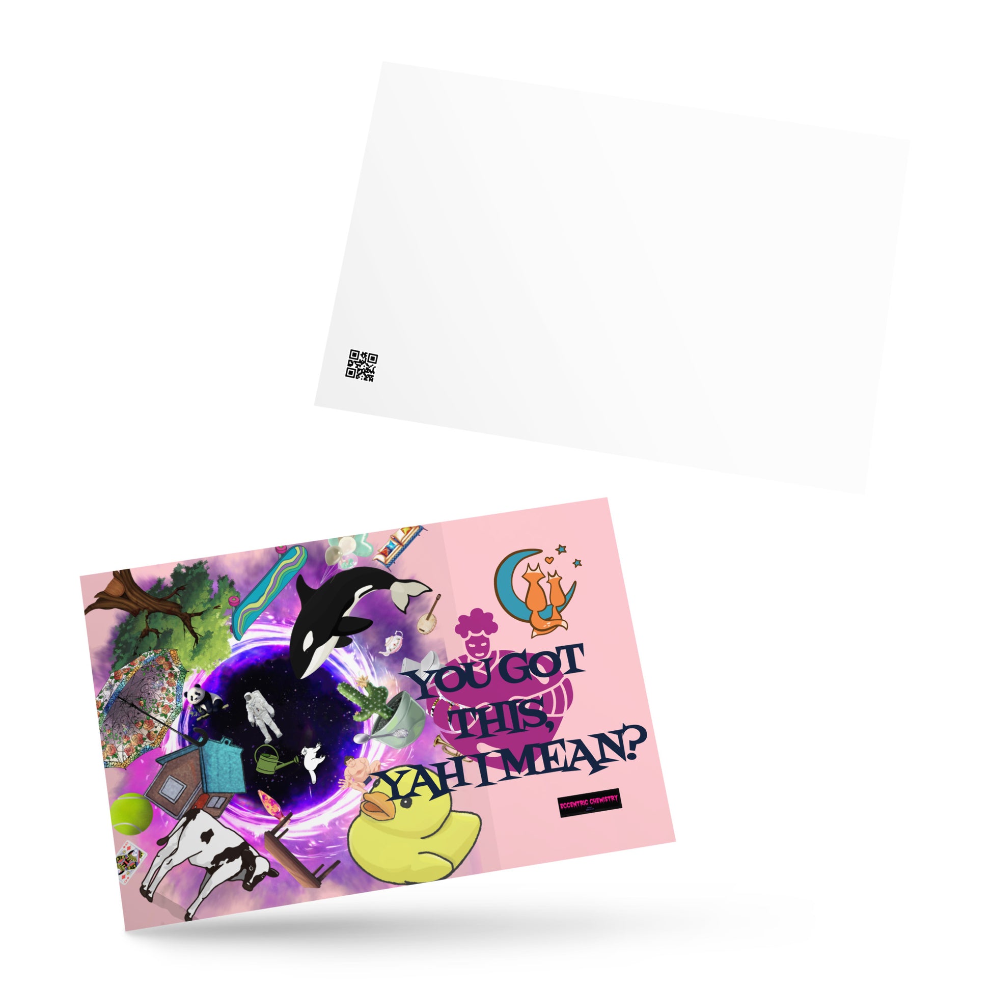 Front of Eccentric Chemistry's Yah‑I‑Mean Gravity Boost Experiment postcard featuring colorful scientific illustrations on a 4x6 postcard.