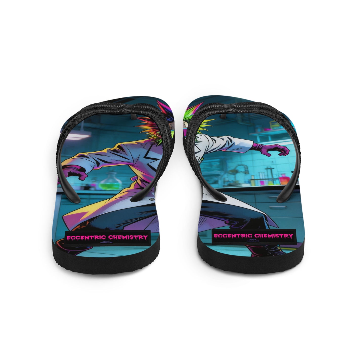 White flip-flops featuring a Catalyst-Genome Polymer Sample design with flip-flop variant from Eccentric Chemistry's Tiny Shop of T-Shirt Horrors.