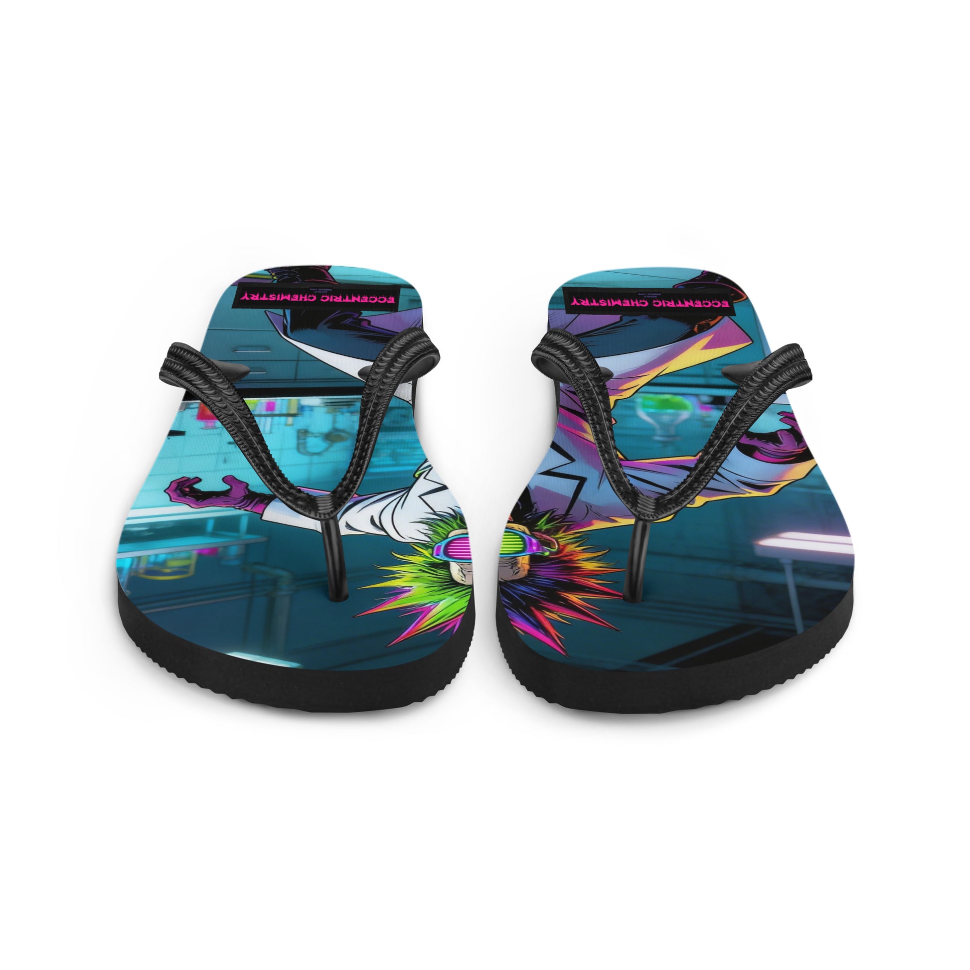 White flip-flops featuring a Catalyst-Genome Polymer sample design from Eccentric Chemistry's Tiny Shop of T-Shirt Horrors.