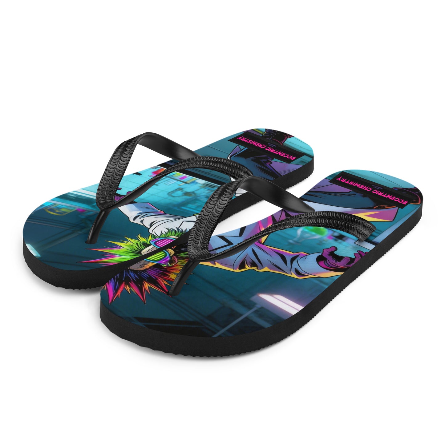 White flip-flops featuring Catalyst-Genome Polymer Sample design from Eccentric Chemistry's Tiny Shop of T-Shirt Horrors, front-left view