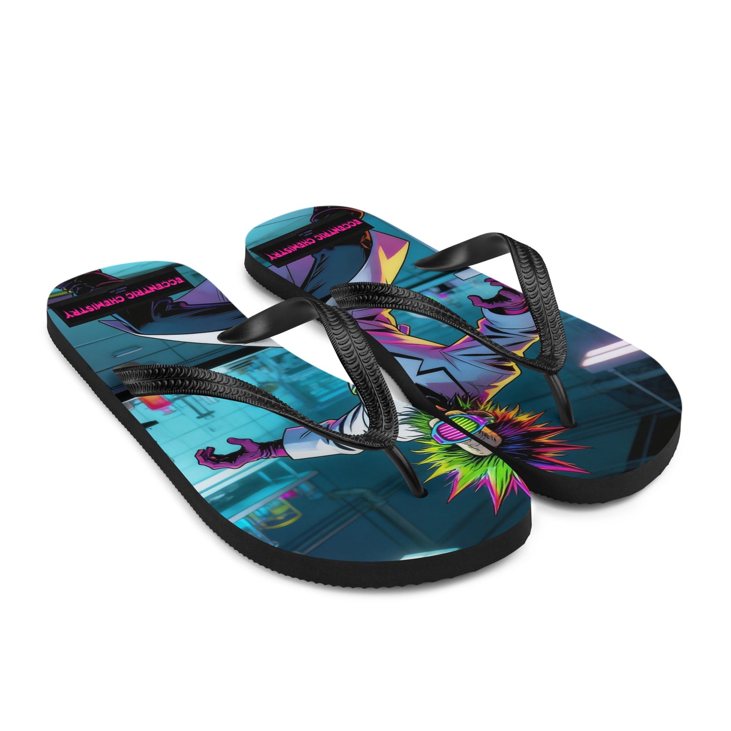 White flip-flops featuring a Catalyst-Genome Polymer Sample design from Eccentric Chemistry's Tiny Shop of T-Shirt Horrors.