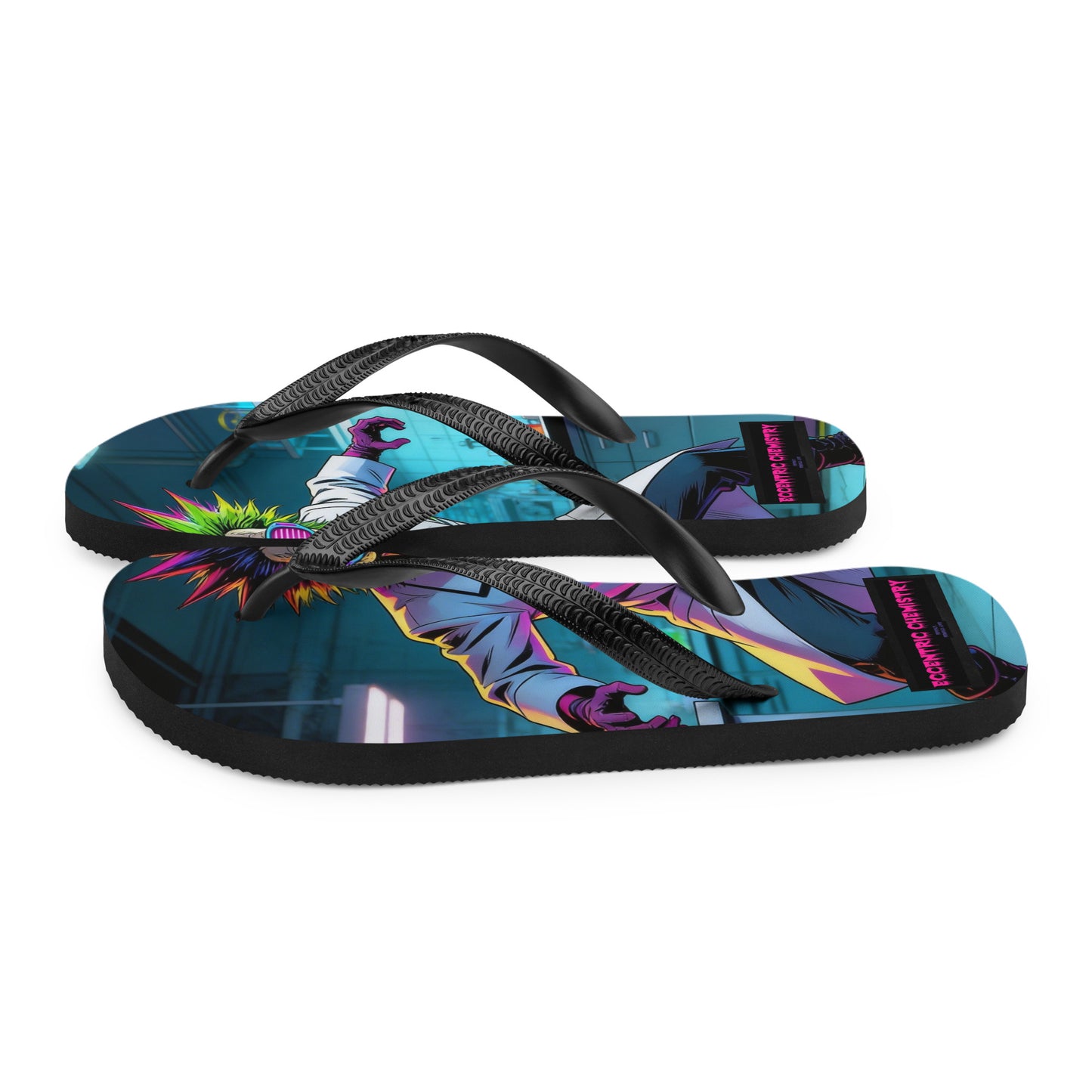 White flip-flop sandal featuring a Catalyst-Genome Polymer sample design from Eccentric Chemistry's Tiny Shop of T-Shirt Horrors.
