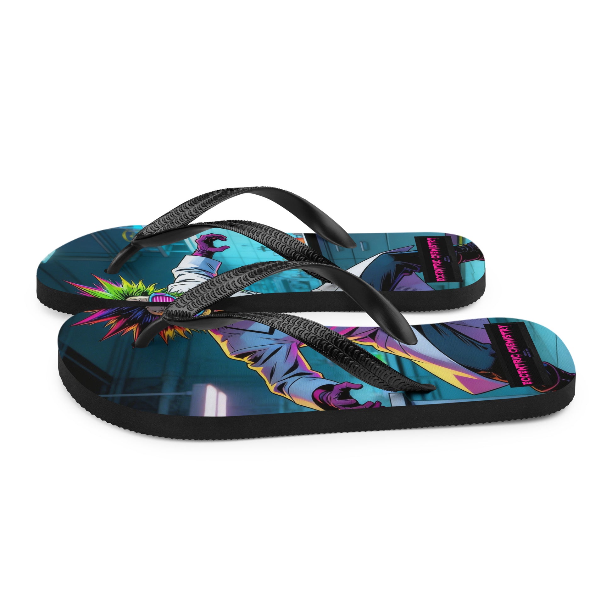 White flip-flop sandal featuring a Catalyst-Genome Polymer sample design from Eccentric Chemistry's Tiny Shop of T-Shirt Horrors.