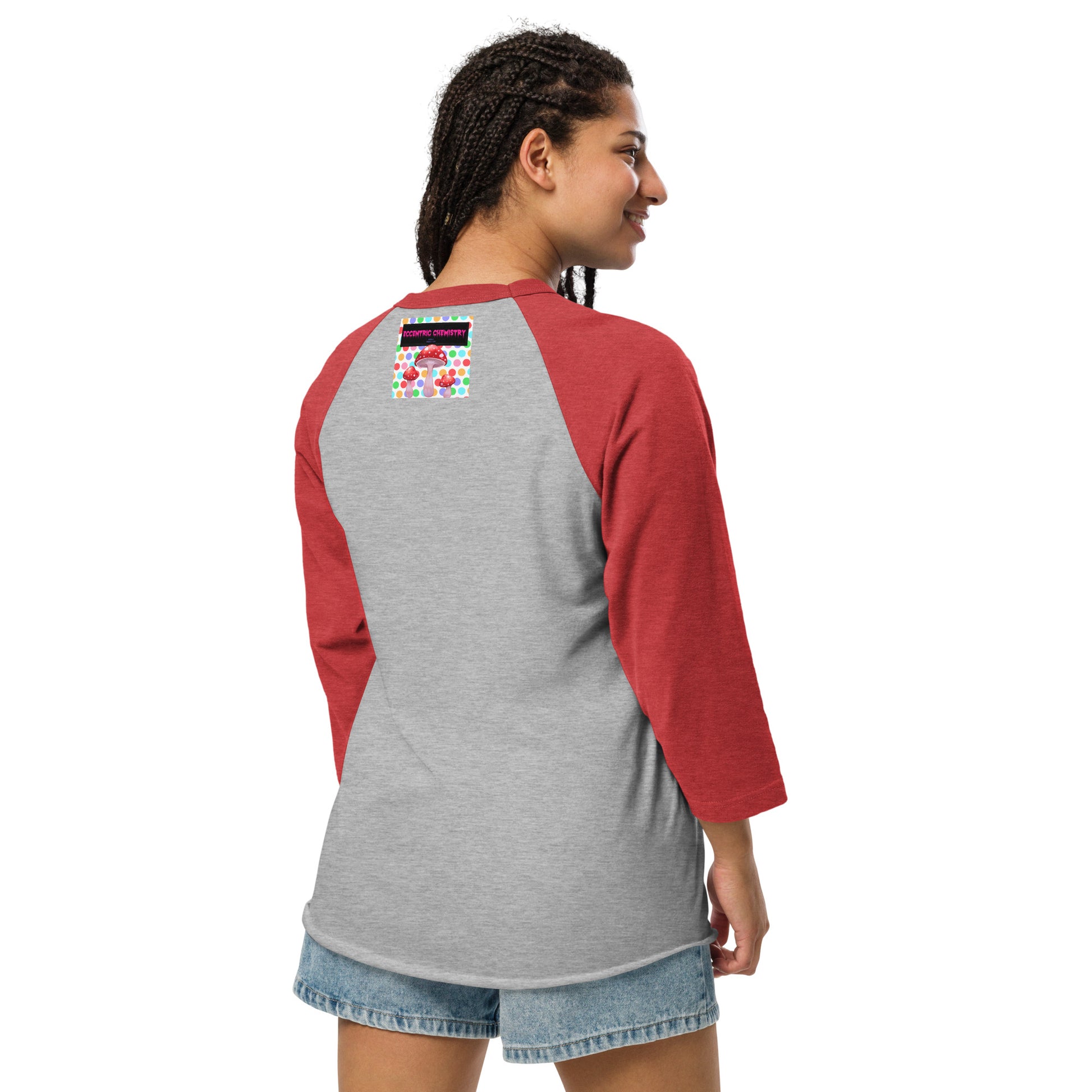 Unisex 3/4 sleeve raglan T-shirt in heather grey and red with mushroom meadow print from Eccentric Chemistry's Laboratory of Strange & Stylish Things