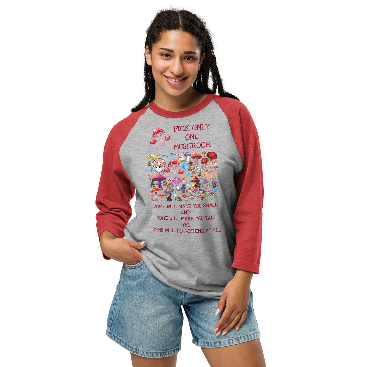 Unisex 3/4 sleeve raglan T-shirt in heather grey and red with mushroom meadow experiment graphic, by Eccentric Chemistry.