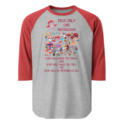 Unisex 3/4 sleeve raglan T-shirt in heather grey and red with mushroom meadow experiment graphic, from Eccentric Chemistry.