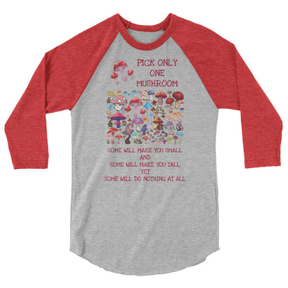Unisex 3/4 sleeve raglan T-shirt with mushroom meadow experiment design in heather grey and red, from Eccentric Chemistry Lab.