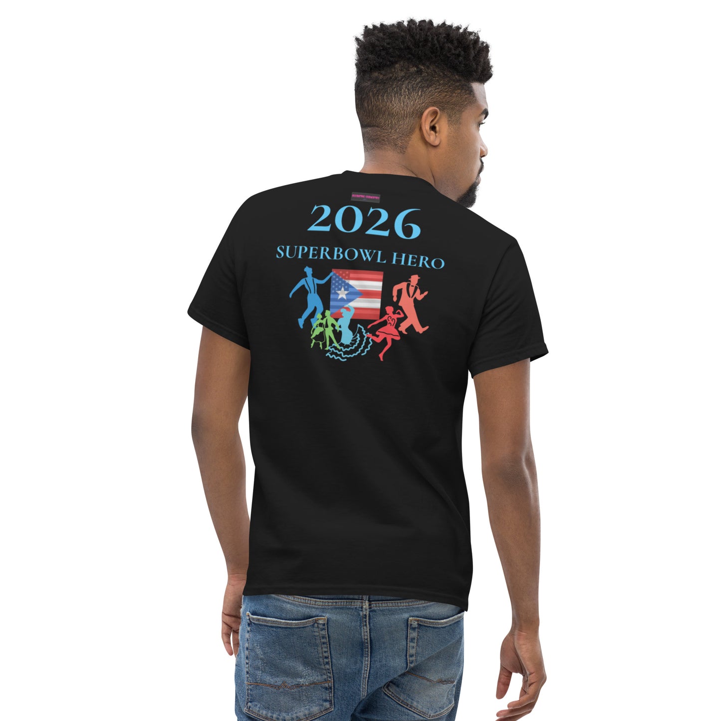 Unisex black classic T-shirt featuring a Super Bowl 2026 cultural impact design by Eccentric Chemistry's Tiny Shop of T-Shirt Horrors.