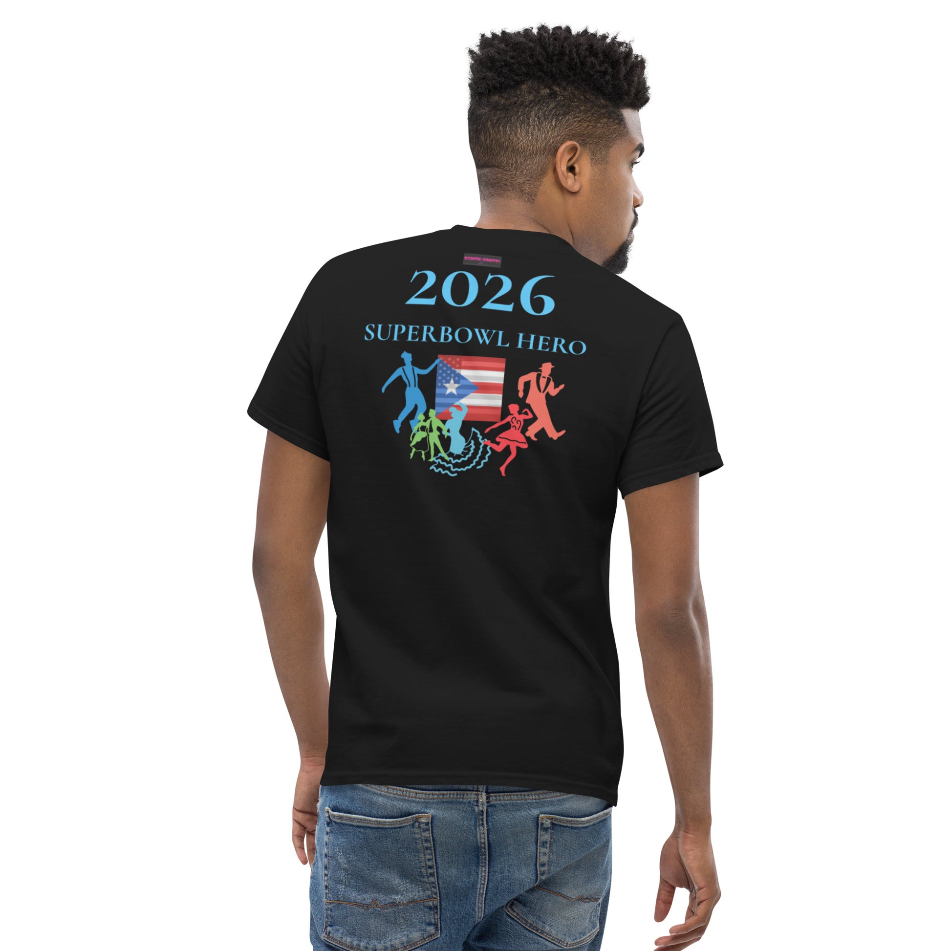 Unisex black classic T-shirt featuring a Super Bowl 2026 cultural impact design by Eccentric Chemistry's Tiny Shop of T-Shirt Horrors.