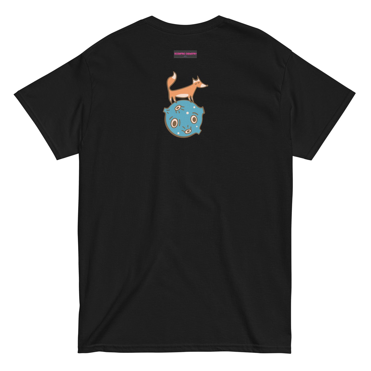 Unisex black T-shirt featuring a solar drift blackhole experiment graphic from Eccentric Chemistry's Laboratory of Strange & Stylish Things.