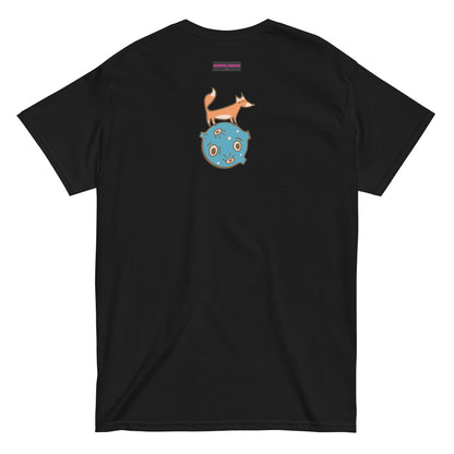 Unisex black T-shirt featuring a solar drift blackhole experiment graphic from Eccentric Chemistry's Laboratory of Strange & Stylish Things.
