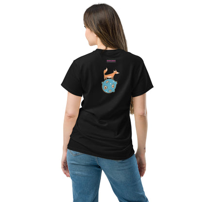 Unisex black classic T-shirt featuring a solar drift black hole experiment design on the back, by Eccentric Chemistry’s Laboratory.