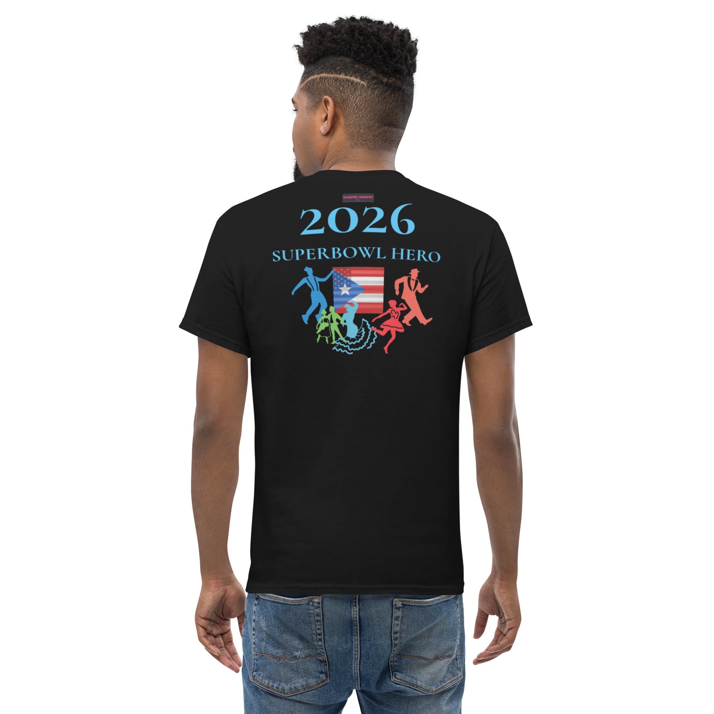 Black unisex Classic Tee by Eccentric Chemistry featuring a back design related to the Superbowl Hero 2026 cultural impact experiment.