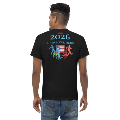 Black unisex Classic Tee by Eccentric Chemistry featuring a back design related to the Superbowl Hero 2026 cultural impact experiment.