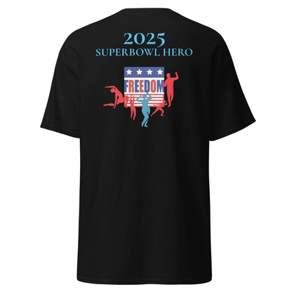 Black unisex Classic Tee featuring a bold Super Bowl Hero 2025 Courage Echo design on the back, by Eccentric Chemistry.