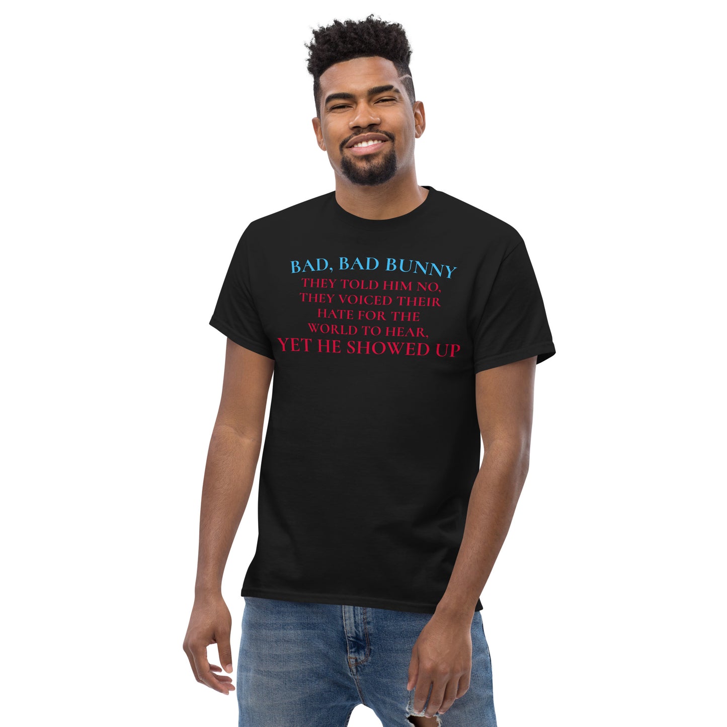 Unisex black classic T-shirt featuring Superbowl Hero 2026 cultural impact design by Eccentric Chemistry.
