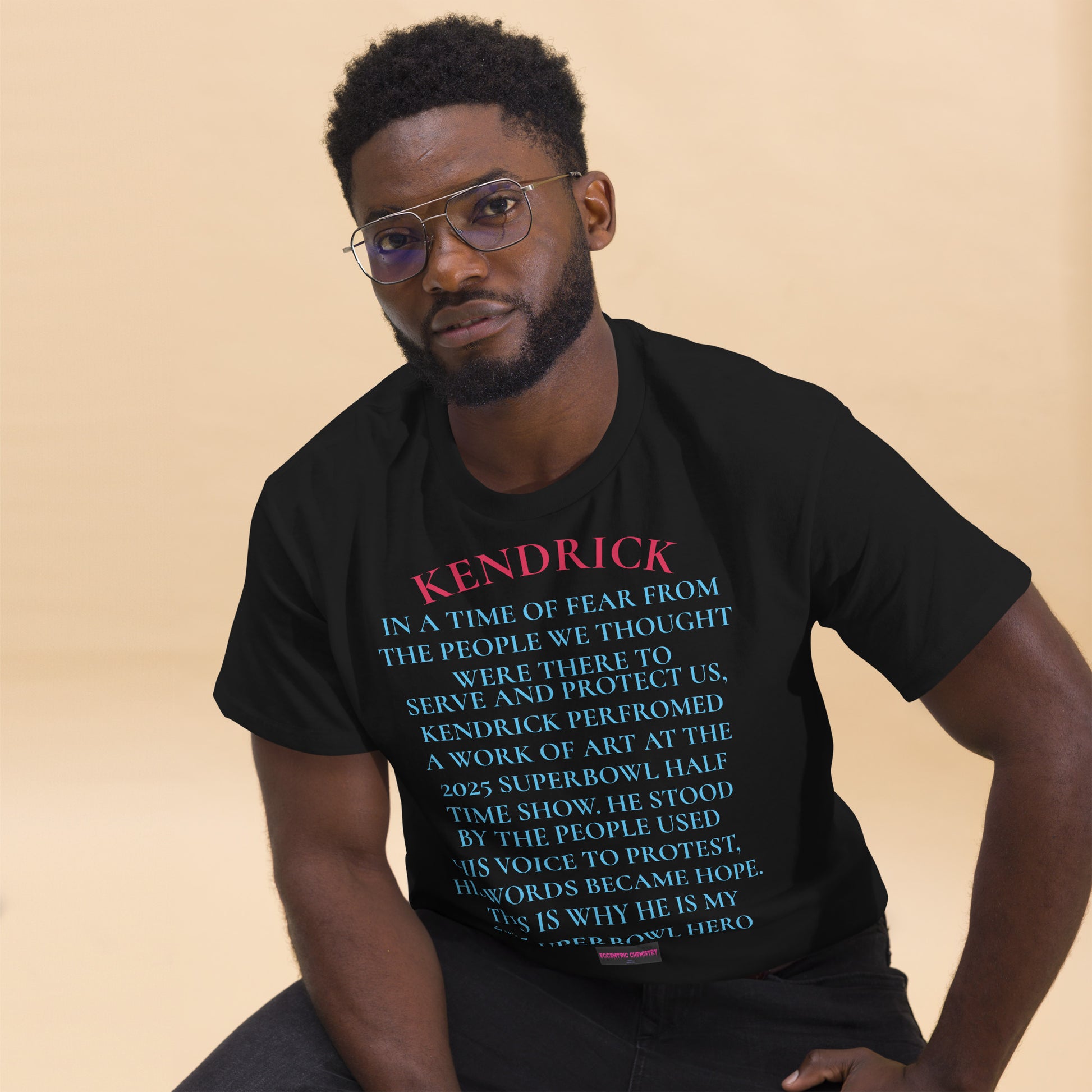 Unisex black Classic Tee featuring Super Bowl Hero 2025 Courage Echo Experiment design by Eccentric Chemistry.