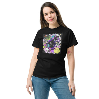 Unisex black classic T-shirt featuring a solar drift blackhole experiment design from Eccentric Chemistry’s Laboratory of Strange & Stylish Things.