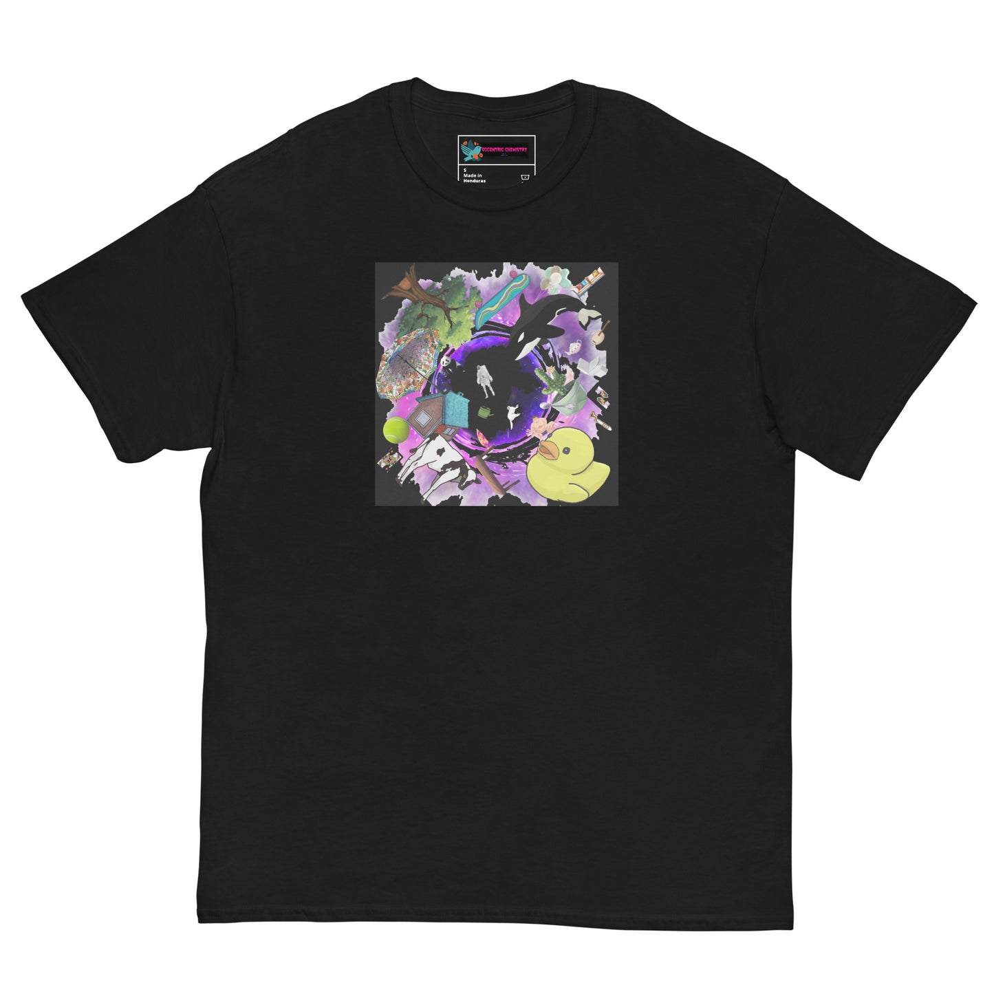 Unisex black classic T-shirt featuring solar drift blackhole experiment design from Eccentric Chemistry's Laboratory of Strange & Stylish Things.