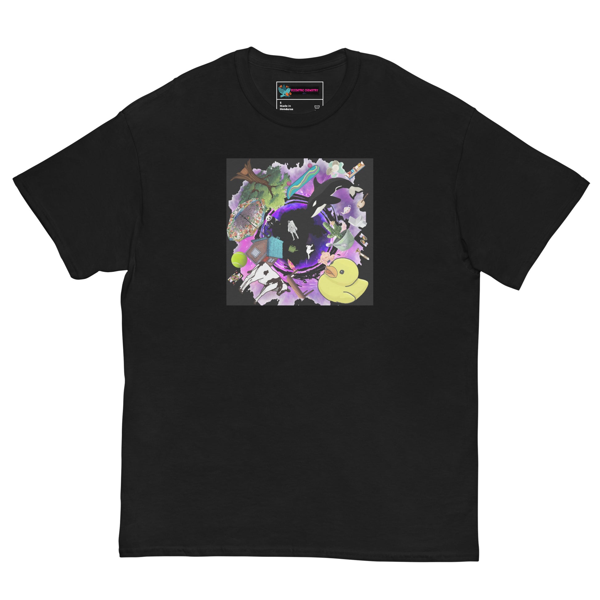 Unisex black classic T-shirt featuring solar drift blackhole experiment design from Eccentric Chemistry's Laboratory of Strange & Stylish Things.