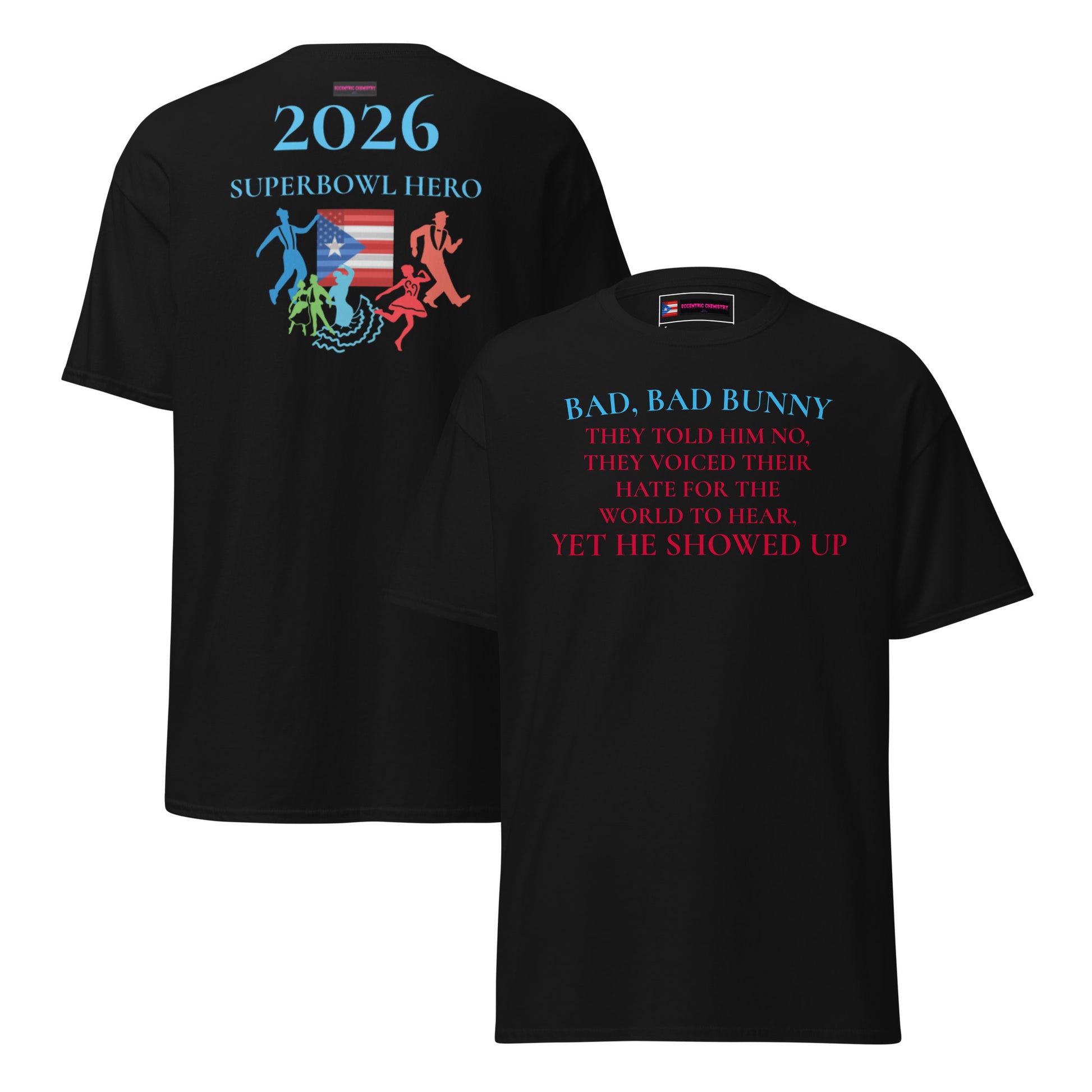 Unisex black Classic Tee featuring Superbowl Hero 2026 design from Eccentric Chemistry's Tiny Shop of T-Shirt Horrors, front and back views