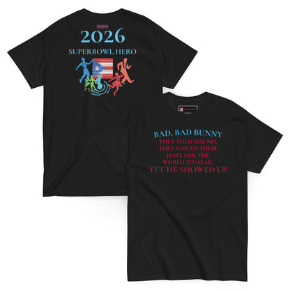 Unisex black classic t-shirt featuring Super Bowl Hero 2026 design from Eccentric Chemistry's Tiny Shop of T-Shirt Horrors.