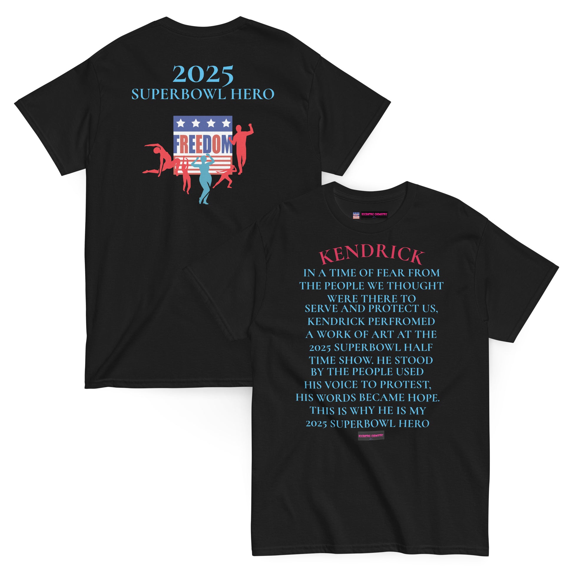 Unisex black Classic Tee featuring Super Bowl Hero 2025 Courage Echo design from Eccentric Chemistry's Tiny Shop of T-Shirt Horrors.
