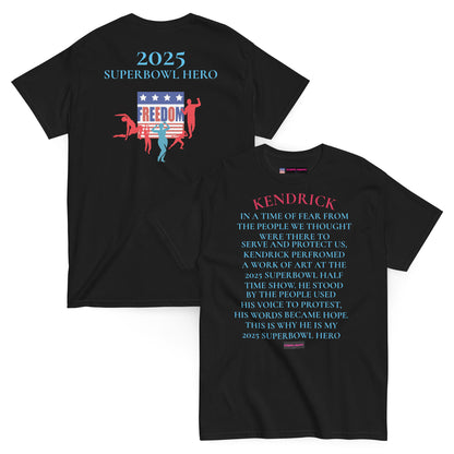 Unisex black Classic Tee featuring Super Bowl Hero 2025 Courage Echo design from Eccentric Chemistry's Tiny Shop of T-Shirt Horrors.