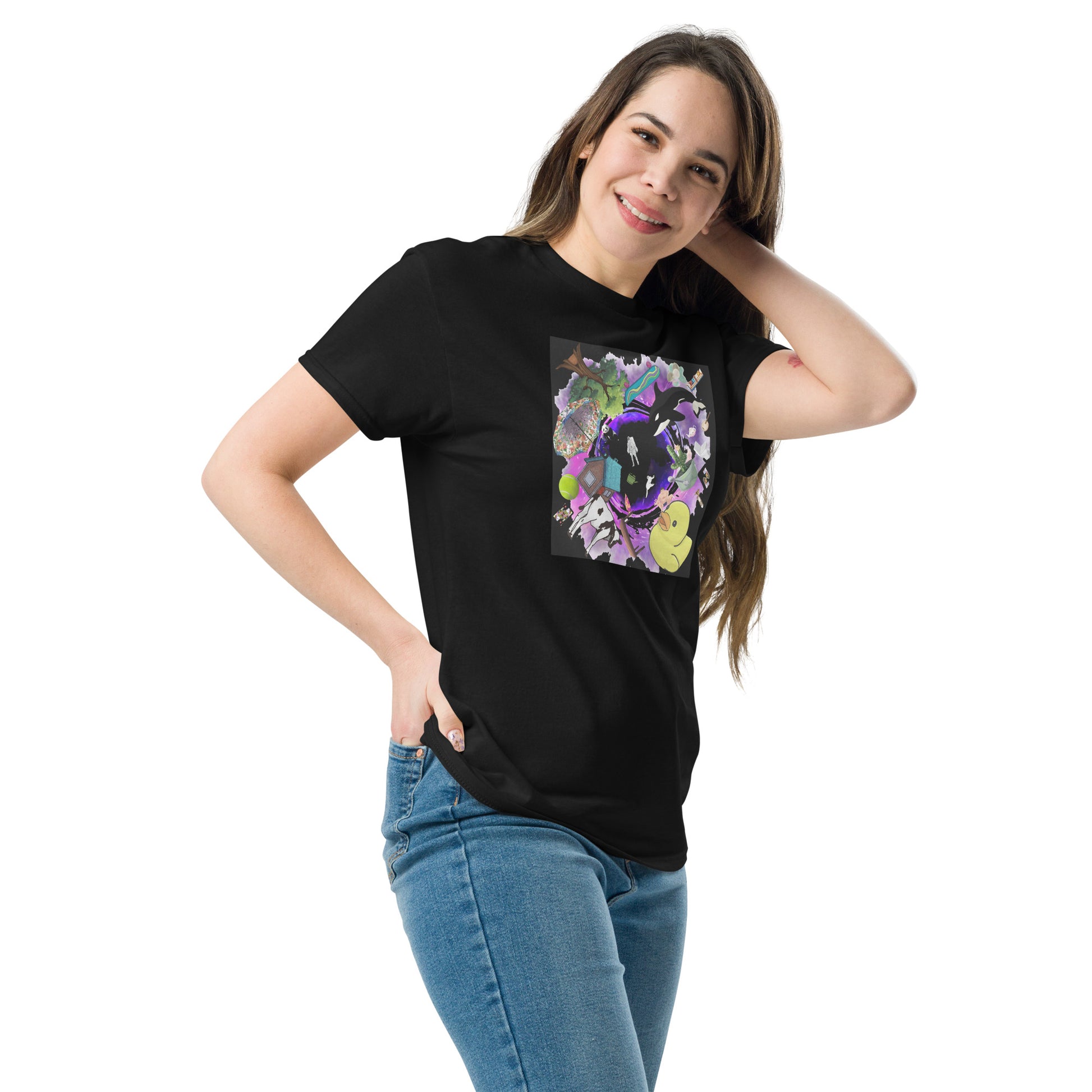 Unisex black classic T-shirt featuring a solar drift black hole experiment design from Eccentric Chemistry's Laboratory of Strange & Stylish Things.