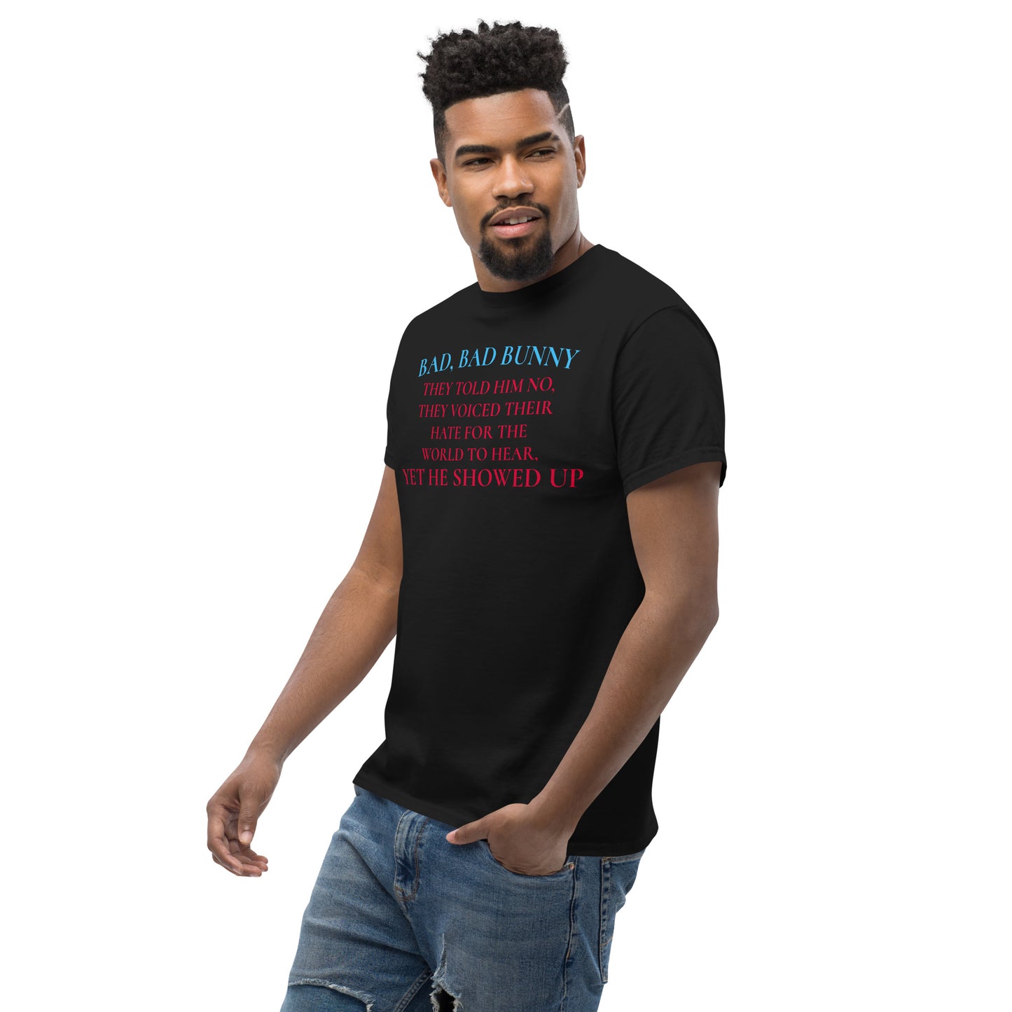 Unisex black Classic Tee from Eccentric Chemistry featuring a design inspired by Superbowl Hero 2026 cultural impact experiment.