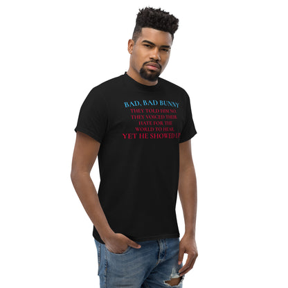 Unisex black Classic Tee by Eccentric Chemistry featuring a Super Bowl Hero 2026 cultural impact design on the front right.