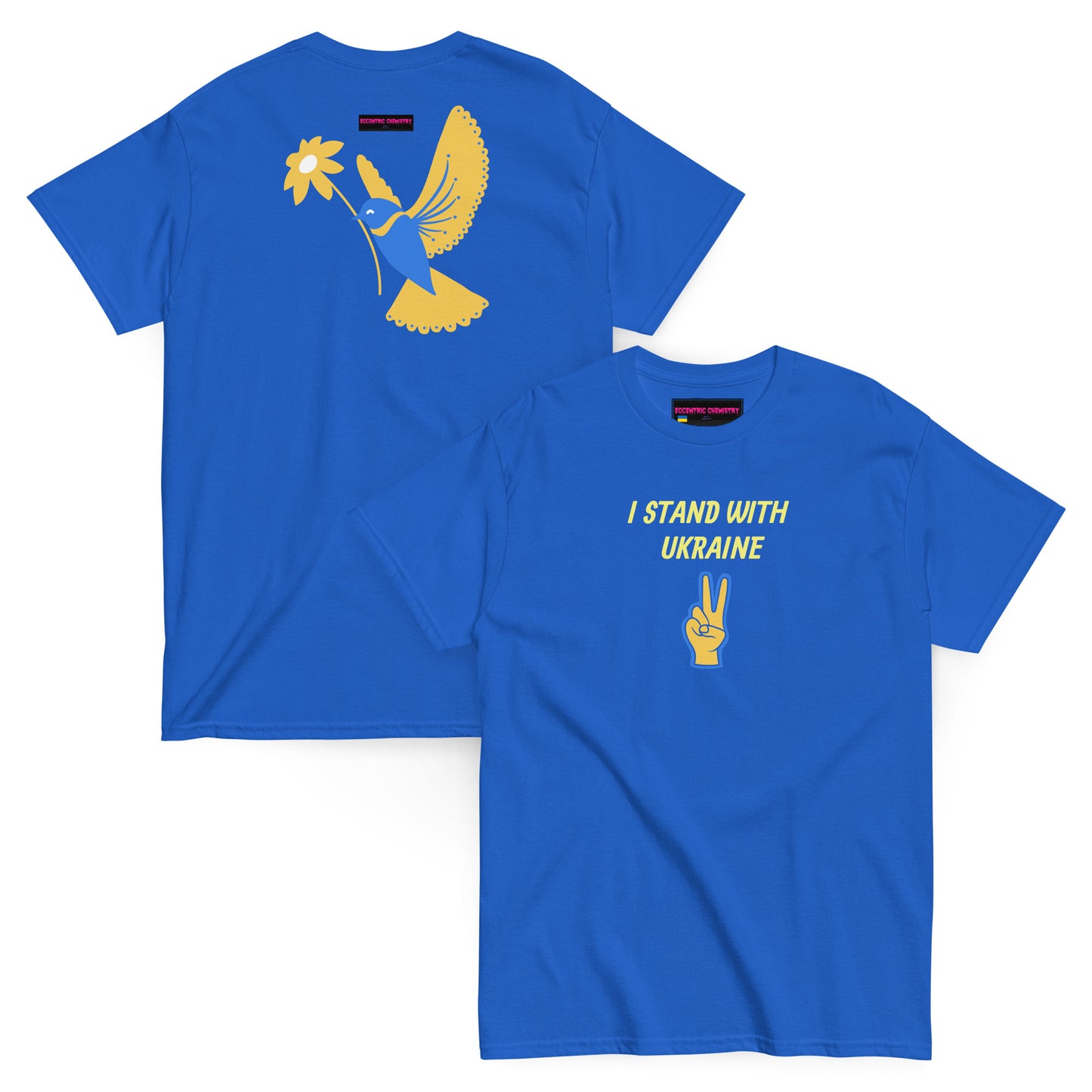 Unisex Royal Blue Classic Tee from Eccentric Chemistry's Global Hope Experiment with front and back design.