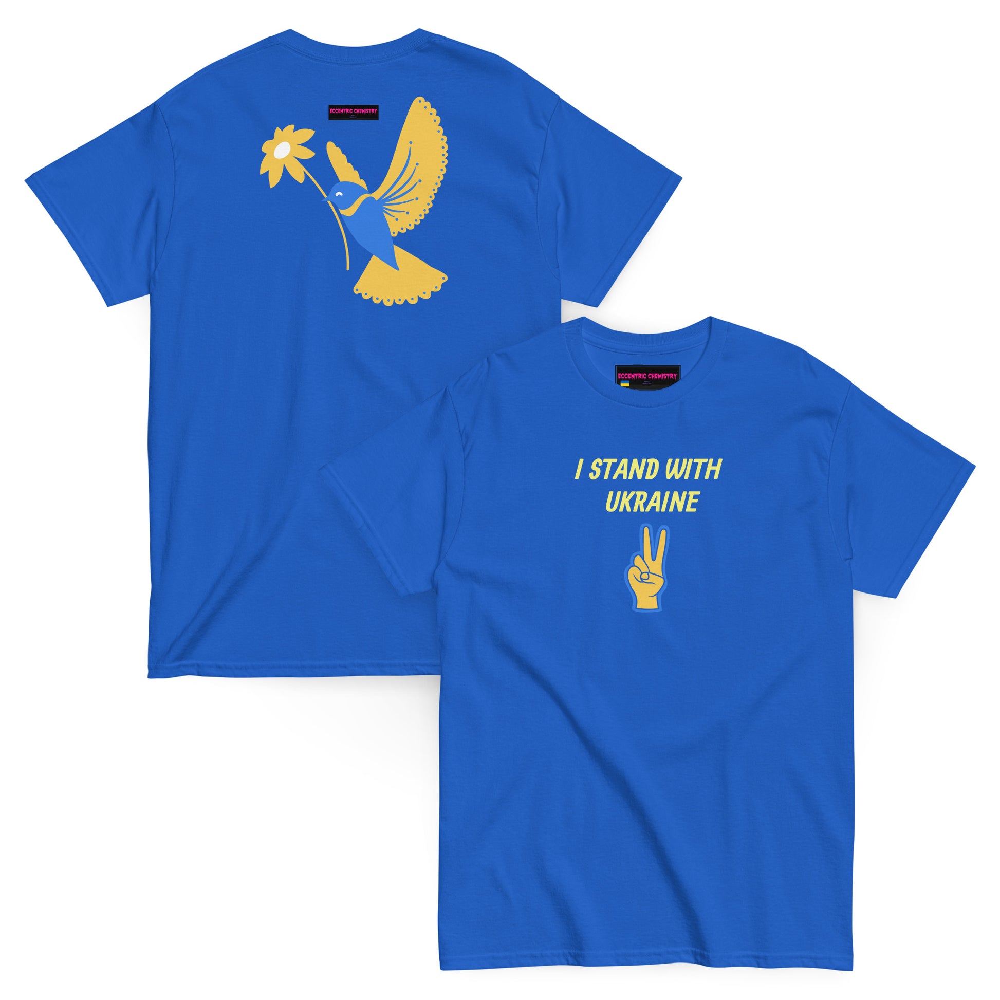 Unisex Royal Blue Classic Tee from Eccentric Chemistry's Global Hope Experiment with front and back design.