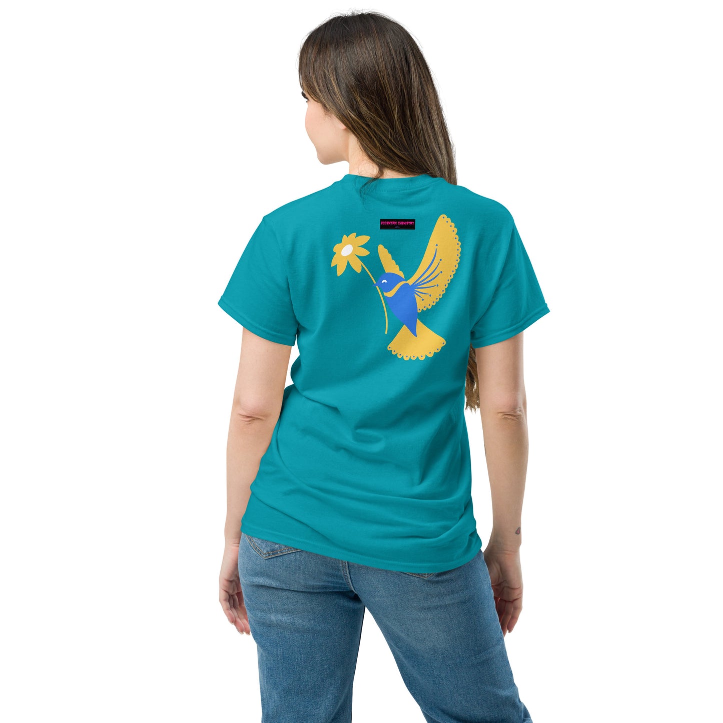 Unisex Classic Tee in tropical blue featuring a bold "Global Hope Experiment" design by Eccentric Chemistry's Tiny Shop of T-Shirt Horrors.