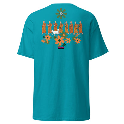 Unisex Classic Tee in tropical blue featuring a peace experiment design, by Eccentric Chemistry's Tiny Shop of T-Shirt Horrors.
