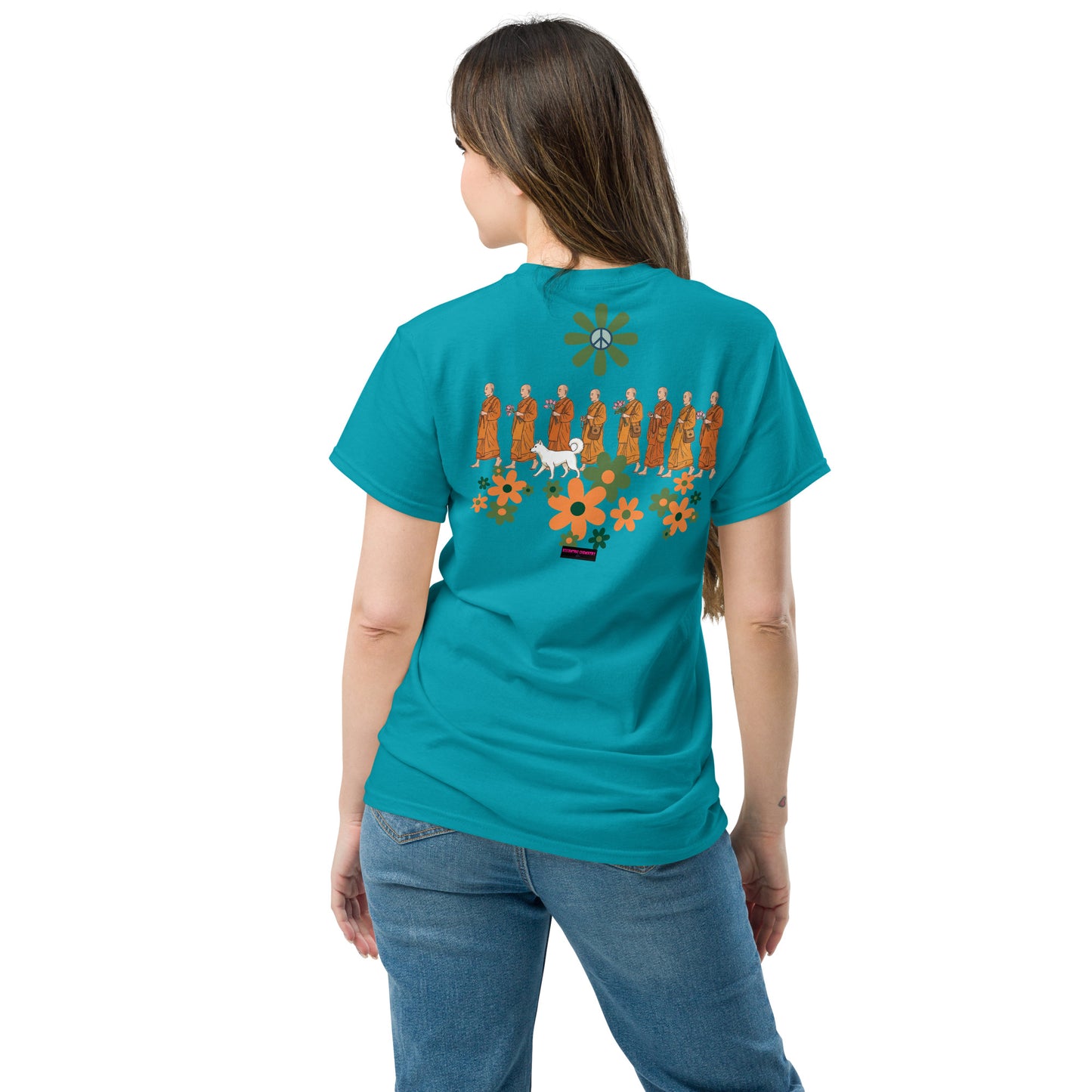 Unisex Classic Tee in tropical blue from Eccentric Chemistry's Walk for Peace Experiment collection, showing back design.