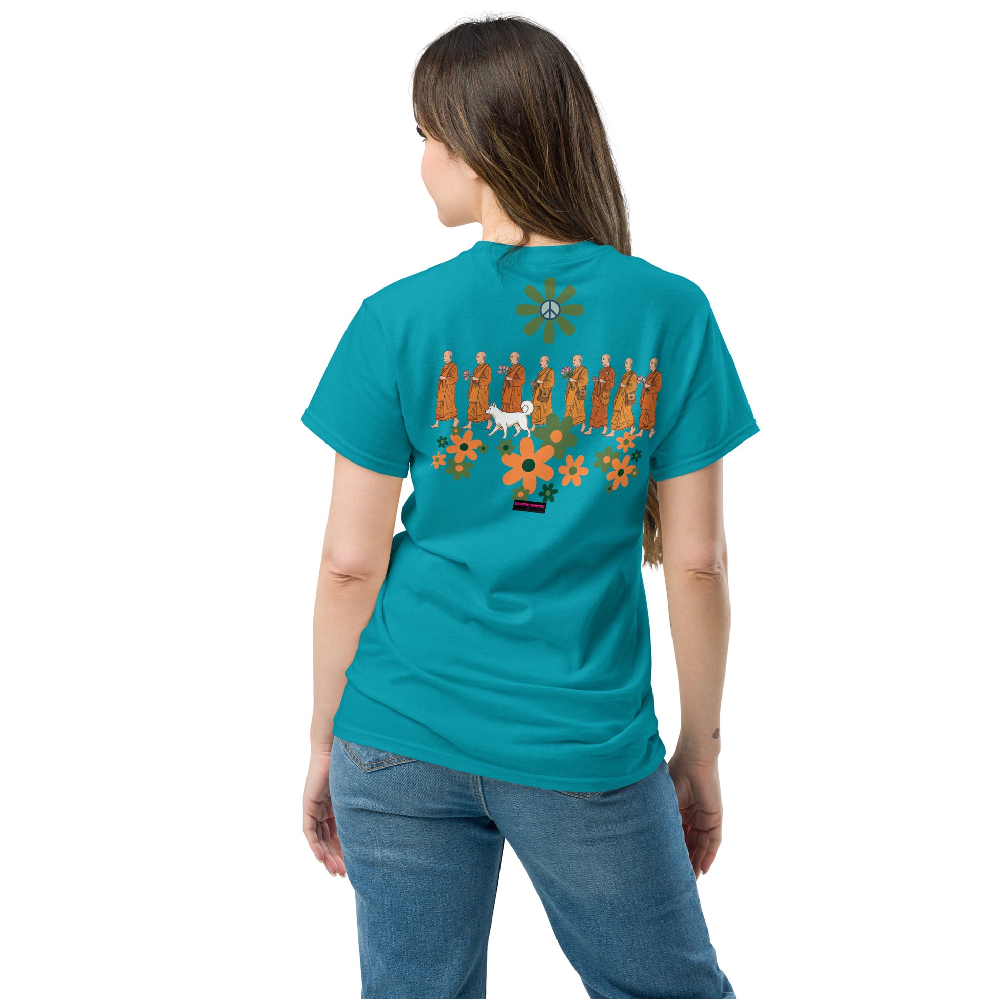 Unisex Classic Tee in tropical blue from Eccentric Chemistry's Walk for Peace Experiment collection, showing back design.
