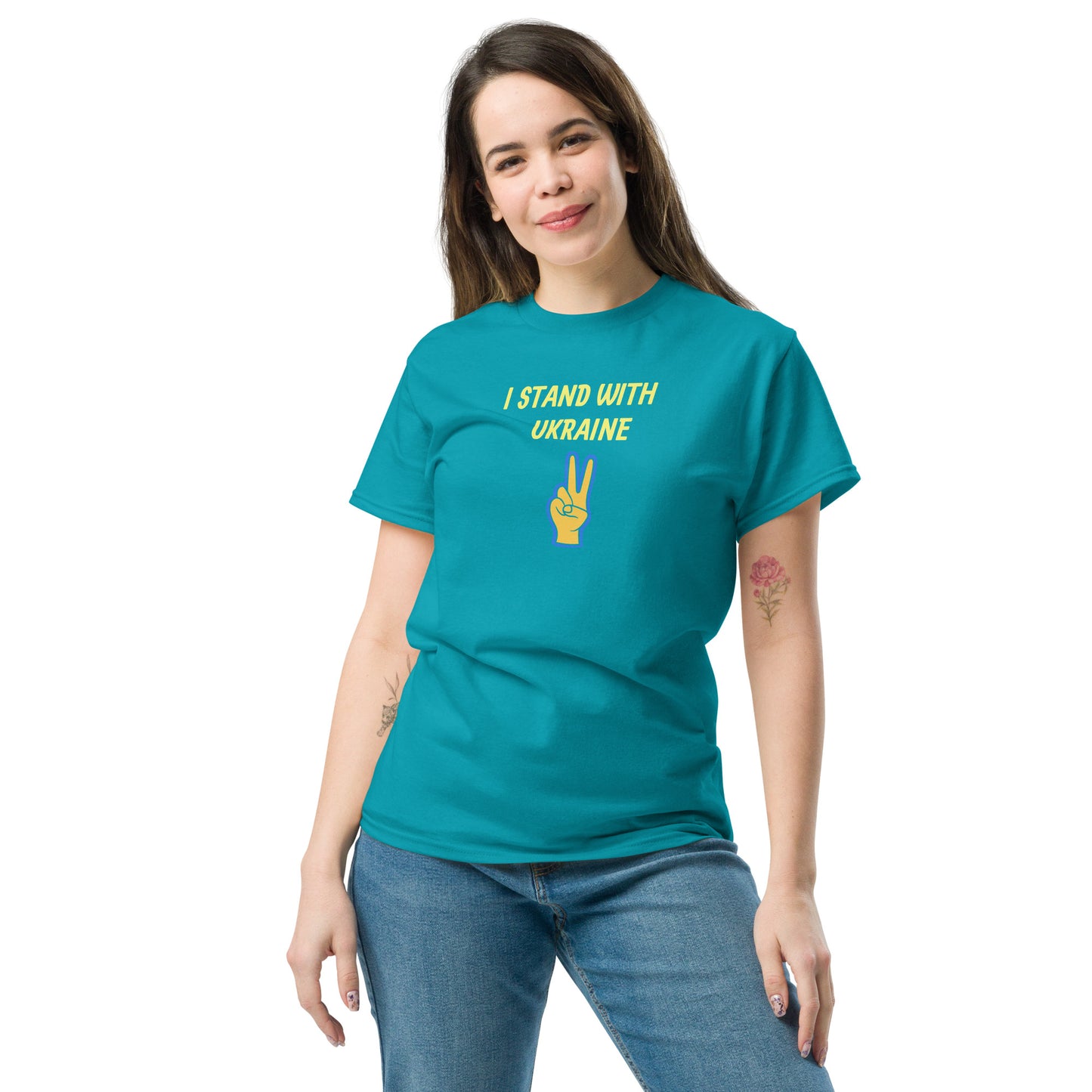 Unisex Classic Tee in tropical blue with a global hope experiment graphic, made by Eccentric Chemistry's Tiny Shop of T-Shirt Horrors.