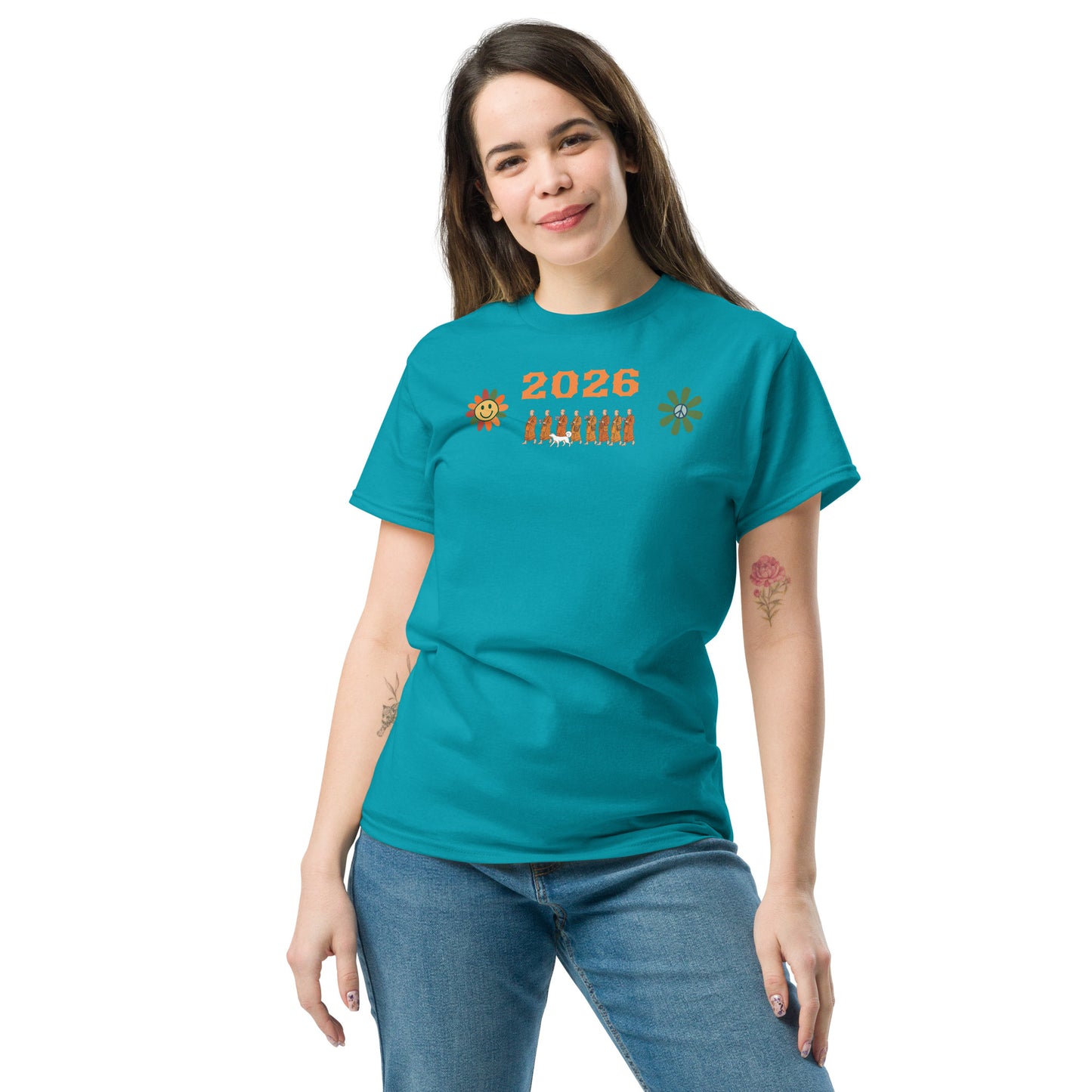 Unisex Classic Tee in Tropical Blue featuring a peaceful walk experiment graphic by Eccentric Chemistry's Tiny Shop of T-Shirt Horrors.
