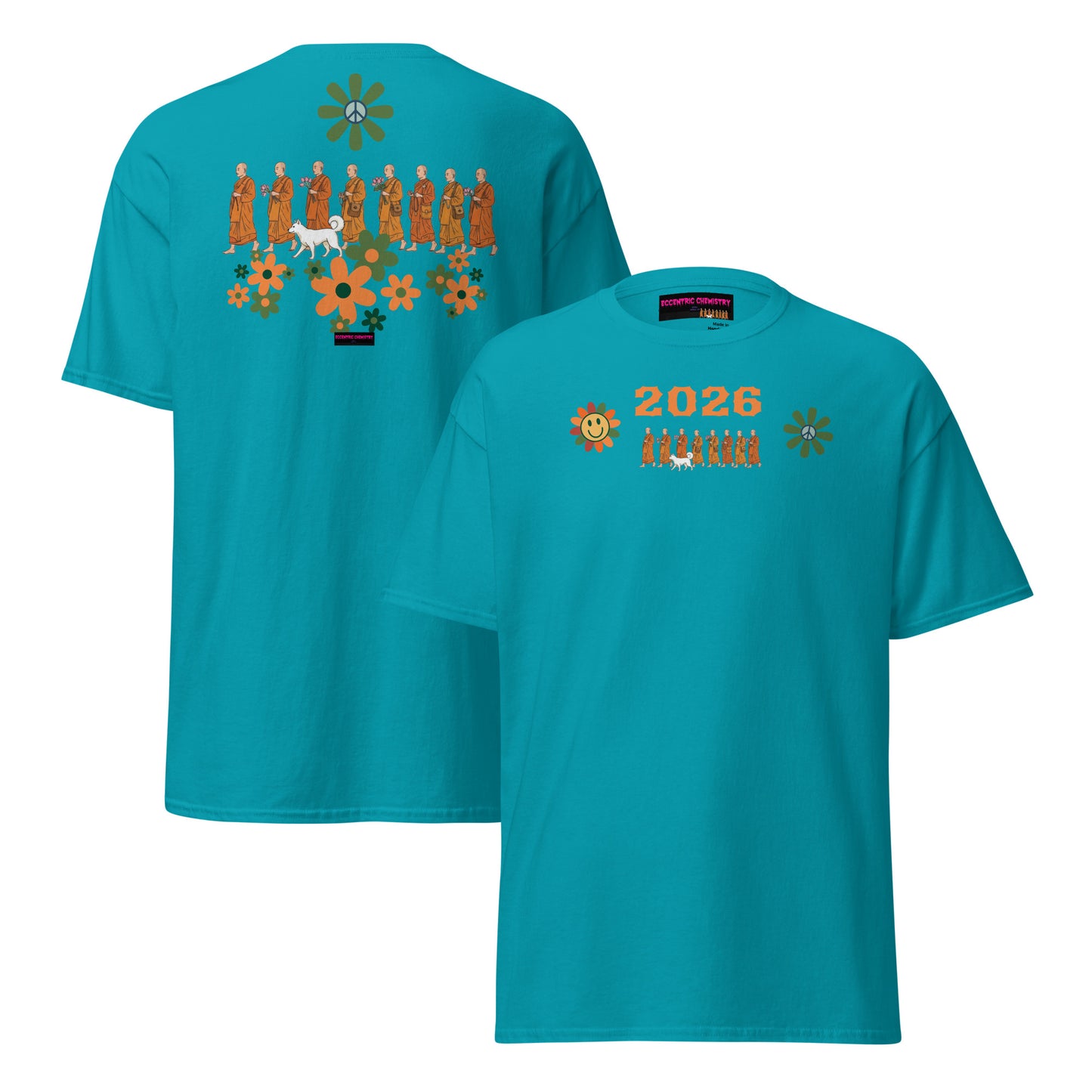 Unisex Classic Tee in tropical blue from Eccentric Chemistry's Walk for Peace Experiment collection, showing front and back views.