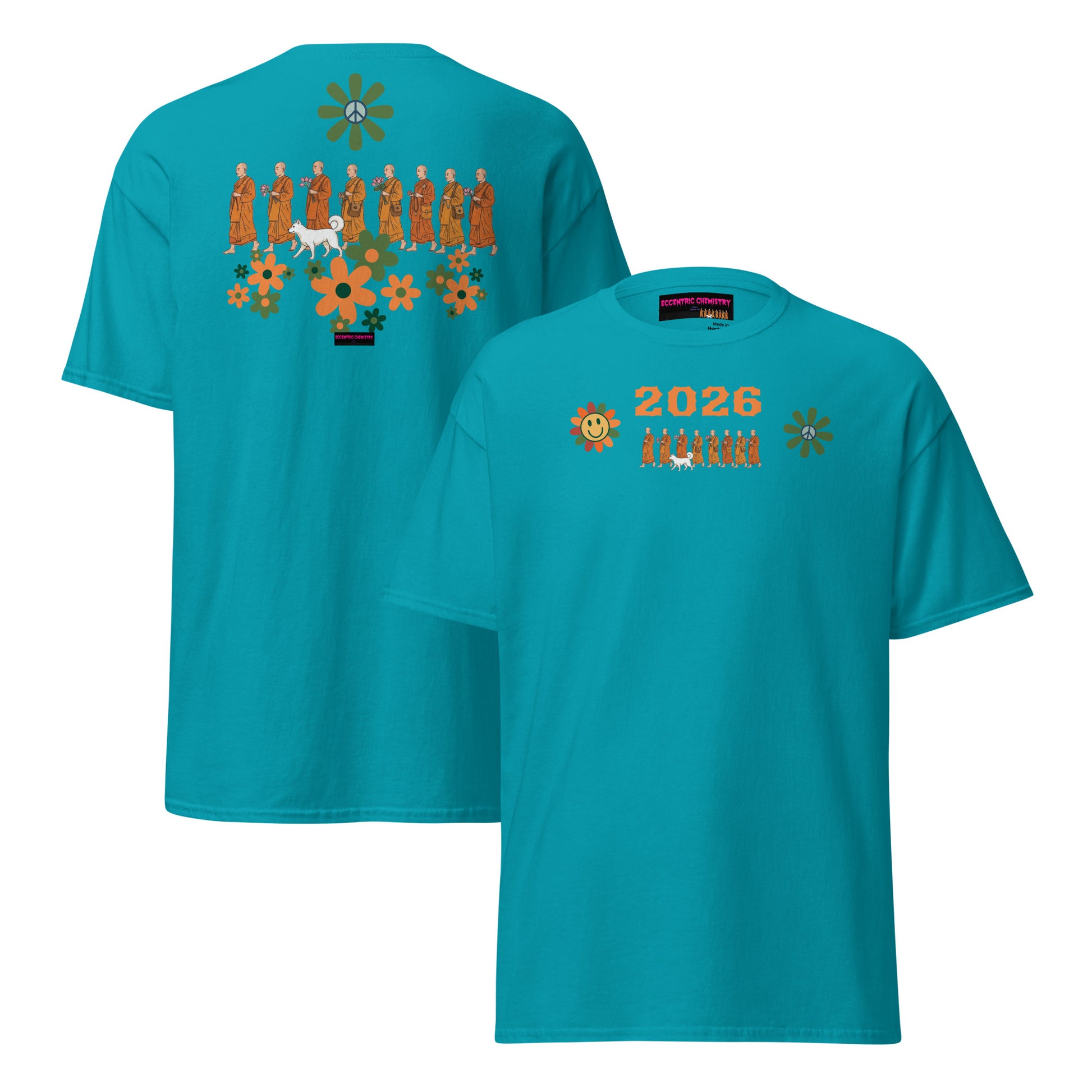 Unisex Classic Tee in tropical blue from Eccentric Chemistry's Walk for Peace Experiment collection, showing front and back views.