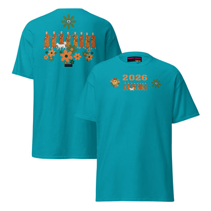 Unisex Classic Tee in tropical blue from Eccentric Chemistry's Walk for Peace Experiment collection, showing front and back views.