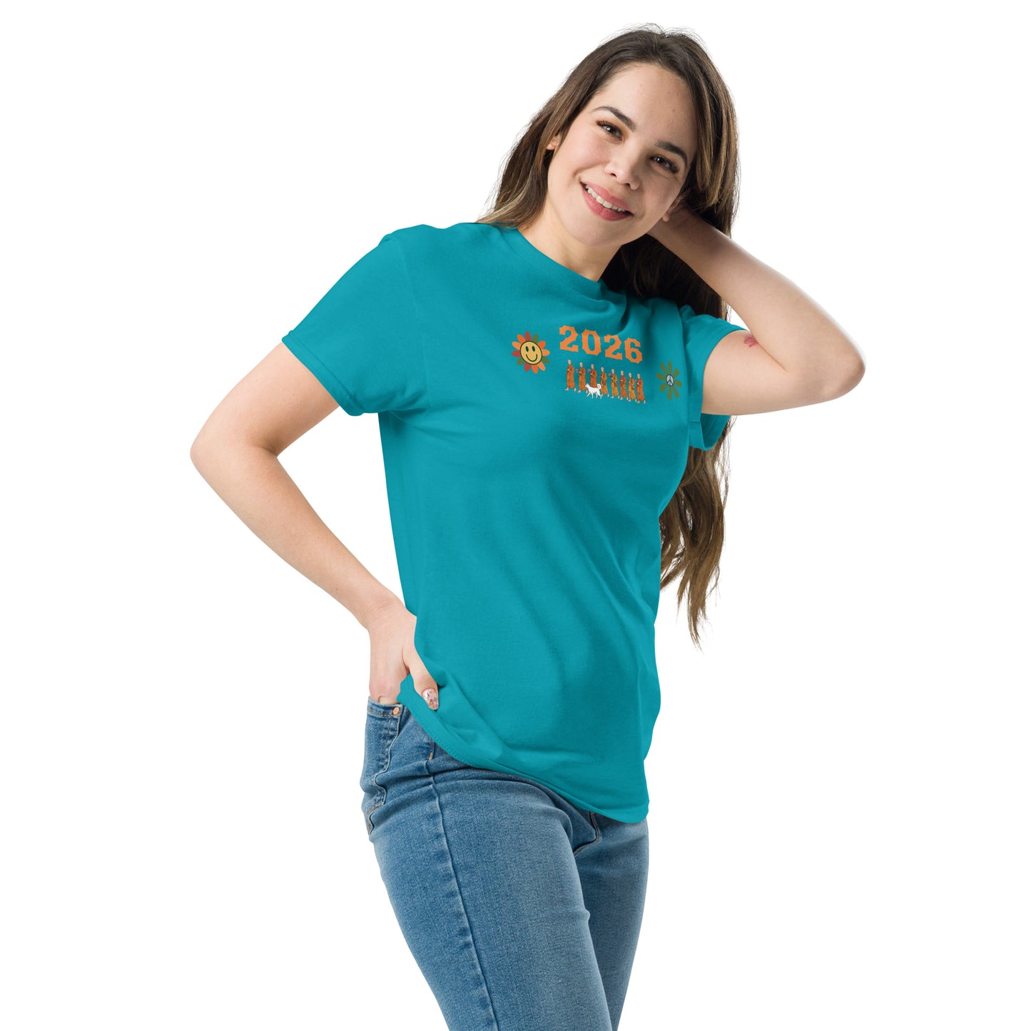 Unisex Classic Tee in tropical blue featuring a Peace Experiment design from Eccentric Chemistry's Tiny Shop of T-Shirt Horrors.
