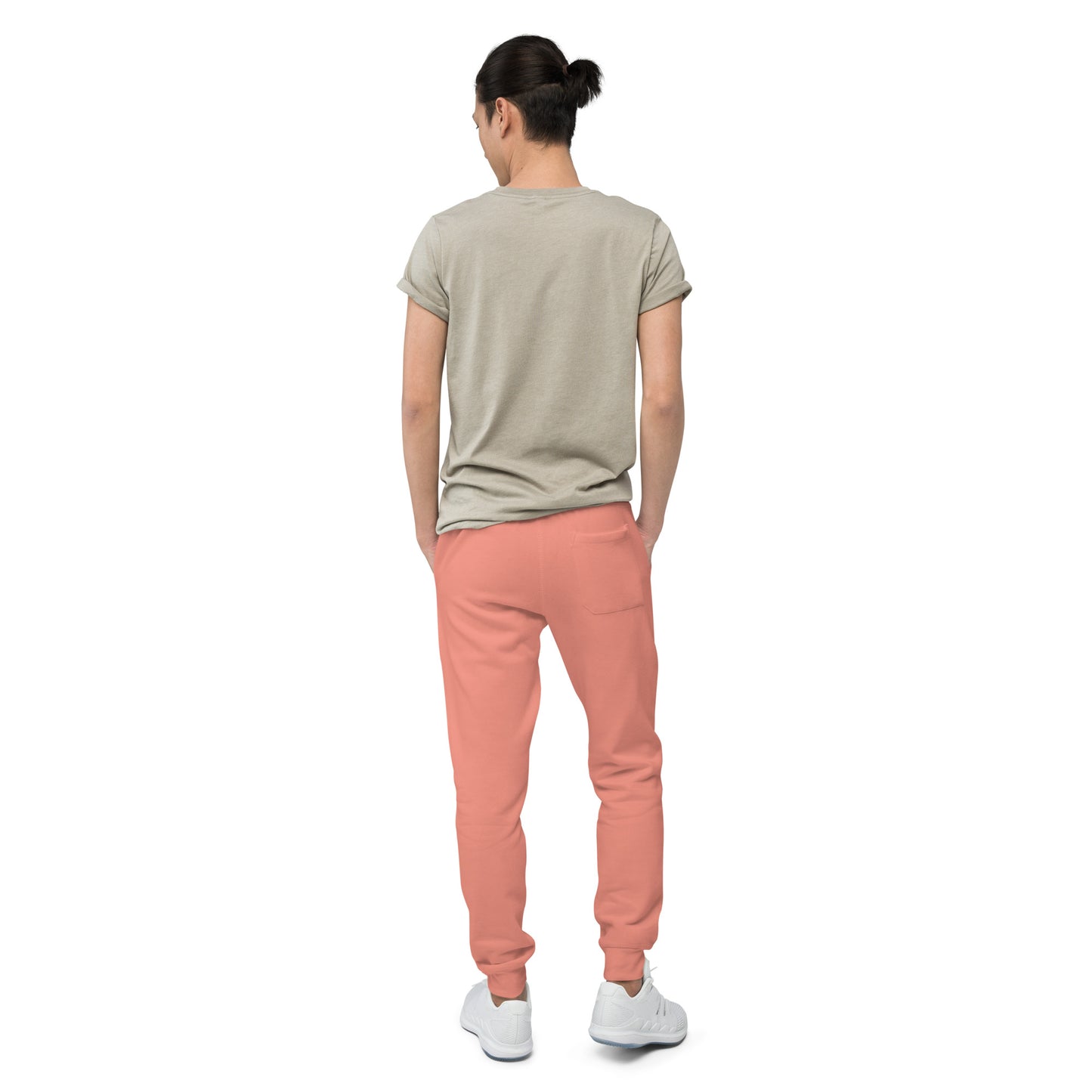 Unisex dusty rose fleece sweatpants with geometric pattern from Eccentric Chemistry's Tiny Shop of T-Shirt Horrors, back view.