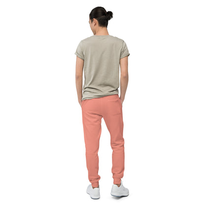 Unisex dusty rose fleece sweatpants with geometric pattern from Eccentric Chemistry's Tiny Shop of T-Shirt Horrors, back view.