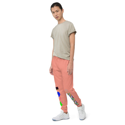 Unisex dusty rose fleece sweatpants with geometric pattern, front view, comfortable joggers by Eccentric Chemistry's Tiny Shop of T-Shirt Horrors.