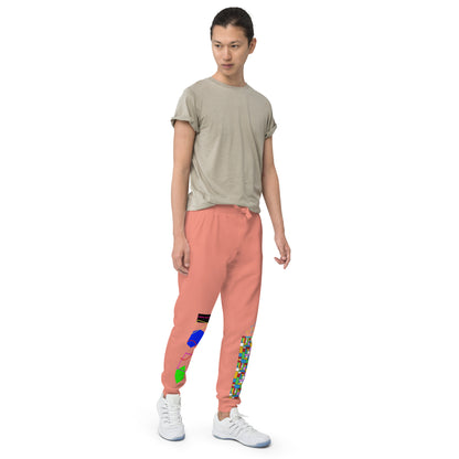 Unisex dusty rose fleece sweatpants with geometric pattern from Eccentric Chemistry's Tiny Shop of T-Shirt Horrors, front view.