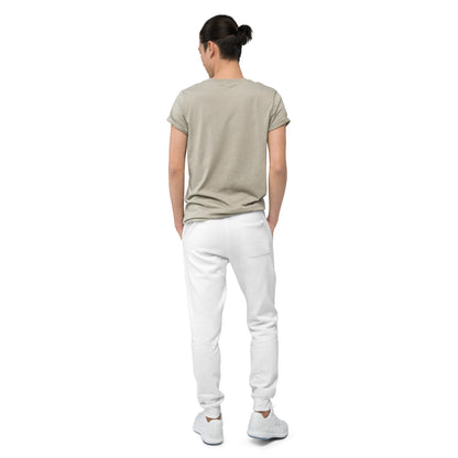 Unisex white fleece sweatpants with geometric print back view, comfortable joggers from Eccentric Chemistry's Tiny Shop of T-Shirt Horrors.