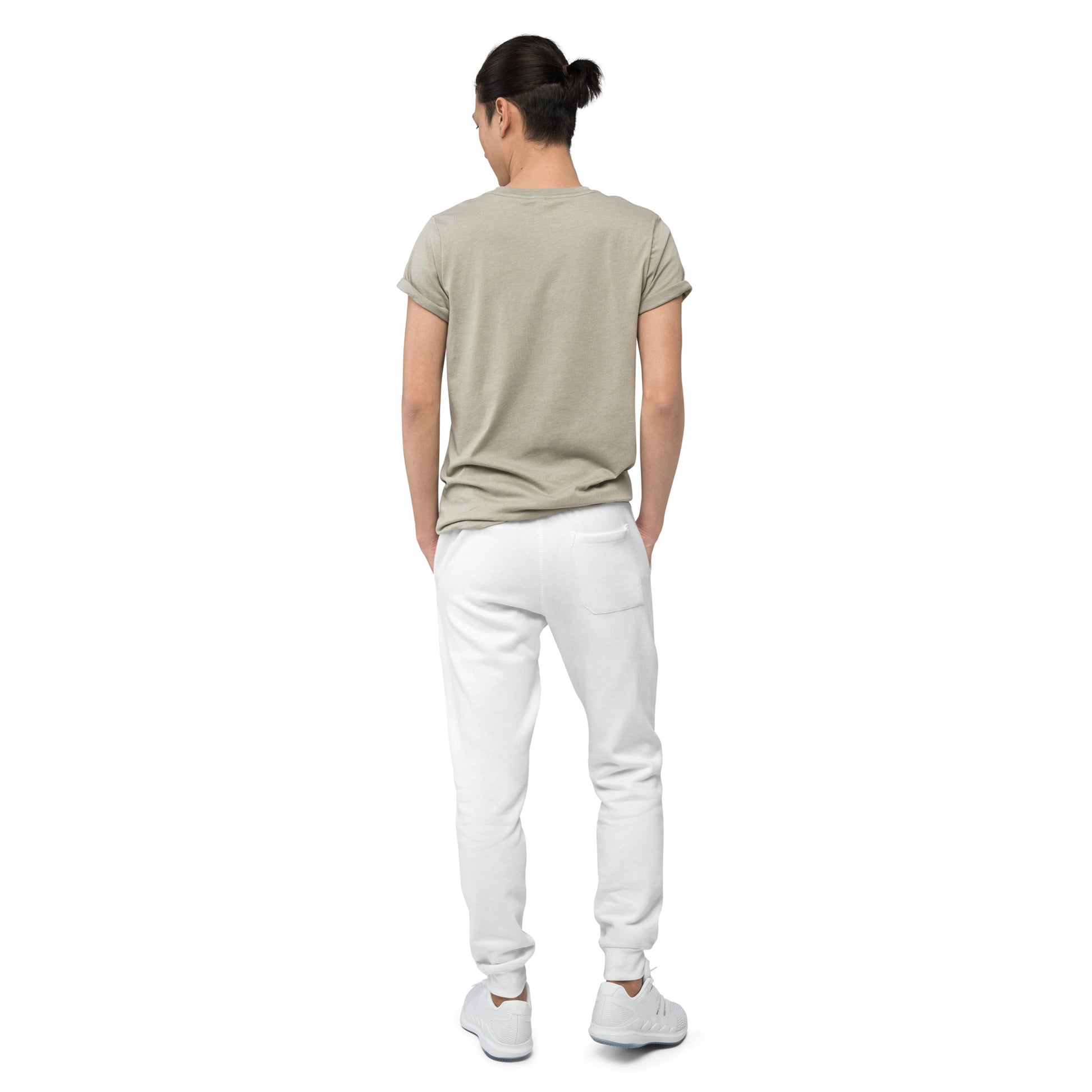 Unisex white fleece sweatpants with geometric patterns, comfortable joggers from Eccentric Chemistry's Tiny Shop of T-Shirt Horrors.